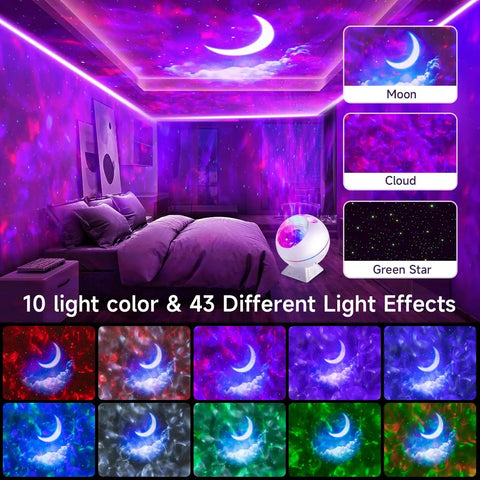 Moonlit Galaxy Night Projector for Bedroom with 43 lighting modes showcasing a dreamy cosmic bedroom setup with moon and stars.