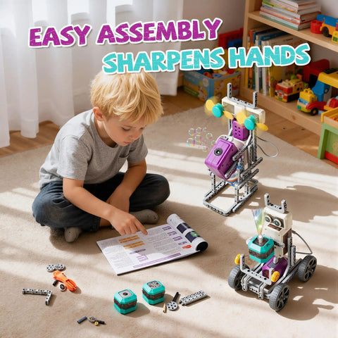 Child assembling 24-In-1 STEM Circuit Robot Kit For Kids Ages 8 To 12, educational robotics with instructions and robot modules.