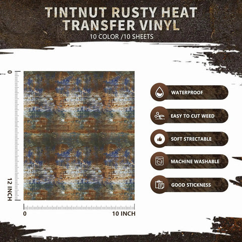 Dope Rusty Look Heat Transfer Vinyl Set With Scratched Distressed Overlay 10 Sheets 10x12 Inch HTV For DIY T Shirts Hats Coats Bags