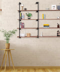 Industrial Wall Mounted Iron Pipe Shelves 52 Inch Tall Rustic Open Bookshelf Set 3 Pack for Kitchen and Bath Farmhouse Style DIY Adjustable Pipe Shelving System displayed on a beige brick wall.