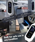 Level 2 EV Charger 40 Amp 240V Portable Electric Vehicle Station displaying features in varied weather conditions.