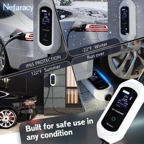 Level 2 EV Charger 40 Amp 240V Portable Electric Vehicle Station displaying features in varied weather conditions.