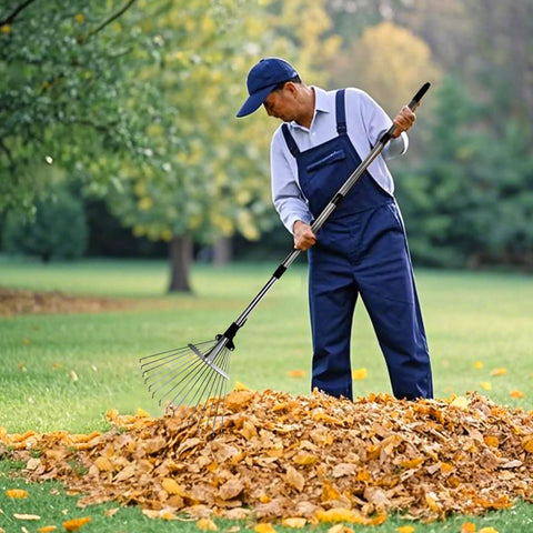 Person using Heavy Duty Adjustable Leaf Rake With Extendable 33 To 69 Inch Handle And 8 To 15 Inch Expandable Head on lawn