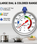 Candy Thermometer With Pot Clip, 9-Inch Long Probe; features large dial, colored temperature range, adjustable clip, shown in kitchen.