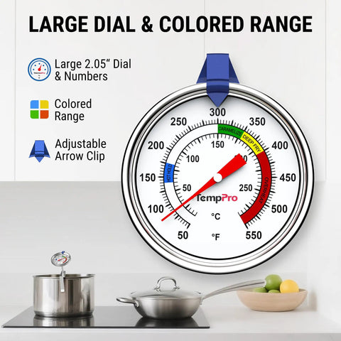 Candy Thermometer With Pot Clip, 9-Inch Long Probe; features large dial, colored temperature range, adjustable clip, shown in kitchen.