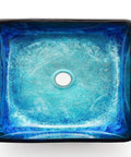 Top view of a Dope Blue Square Tempered Glass Vessel Sink With Pop Up Drain For Above Counter Vanity Lustrous Deco Glass Finish
