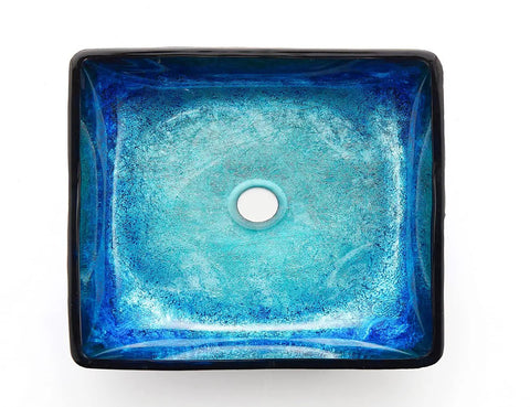 Top view of a Dope Blue Square Tempered Glass Vessel Sink With Pop Up Drain For Above Counter Vanity Lustrous Deco Glass Finish