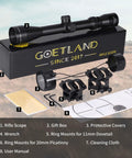 Rifle Scope 3-9x40 SFP With R4 Crosshair Reticle And Ring Mounts displayed with accessories on Goetland box