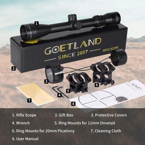Rifle Scope 3-9x40 SFP With R4 Crosshair Reticle And Ring Mounts displayed with accessories on Goetland box