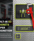 Magnetic Tool Mat With Eight Strong Magnets To Keep Tools, Bolts, Nuts, And Small Parts In Reach During Car Repairs, Auto Shop Work, Or DIY Projects For Grease Monkey Pros Everywhere. black magnetic tool mat with green trim holding pliers, screwdrivers, and parts