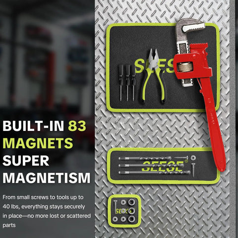 Magnetic Tool Mat With Eight Strong Magnets To Keep Tools, Bolts, Nuts, And Small Parts In Reach During Car Repairs, Auto Shop Work, Or DIY Projects For Grease Monkey Pros Everywhere. black magnetic tool mat with green trim holding pliers, screwdrivers, and parts