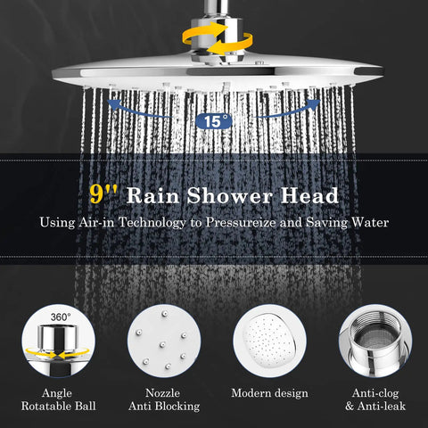 9 Inch Adjustable Rain Shower Head and High Pressure Handheld Spray Combo With Holder And Leakproof Hose Dual Showerhead System