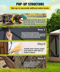 Assembly steps for Six Sided 12x12 Pop Up Canopy Shelter with Mesh Windows and stakes shown in a green outdoor setting