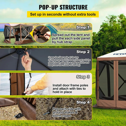 Assembly steps for Six Sided 12x12 Pop Up Canopy Shelter with Mesh Windows and stakes shown in a green outdoor setting