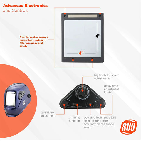 Auto Darkening Welding Helmet With 4x4 True Color Viewing Window showing controls and sensors for enhanced safety and accuracy