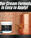 Heavy Duty Metal Polish Paste 4.5 Oz next to shiny copper pots, showcasing its use for polishing and scratch removal on metals.