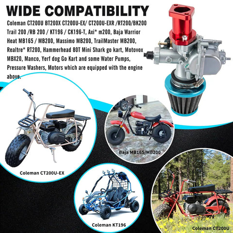 Carburetor Kit For Predator 212 And 224cc Engines With 26mm Throttle Assembly And Main Jets, shown on vehicles.