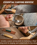 Hella Sharp And Tough Left Handed Wood Carving Knife Set Sloyd Spoon Blades detailed close-up of carving knives in use.