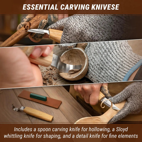 Hella Sharp And Tough Left Handed Wood Carving Knife Set Sloyd Spoon Blades detailed close-up of carving knives in use.