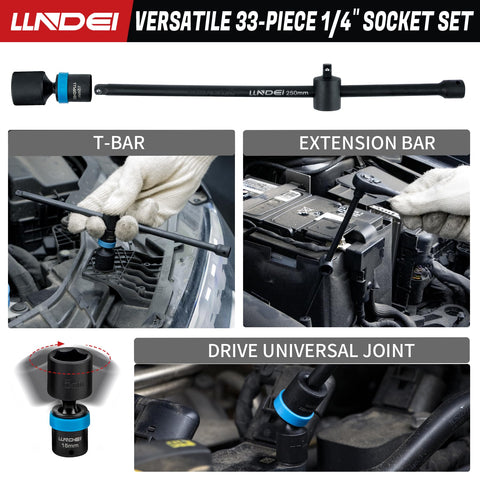 Mechanic using 32-Piece Workhorse 1/4 Inch Drive Swivel Socket Set With 6 Point CR-MO Wobble Sockets for vehicle maintenance