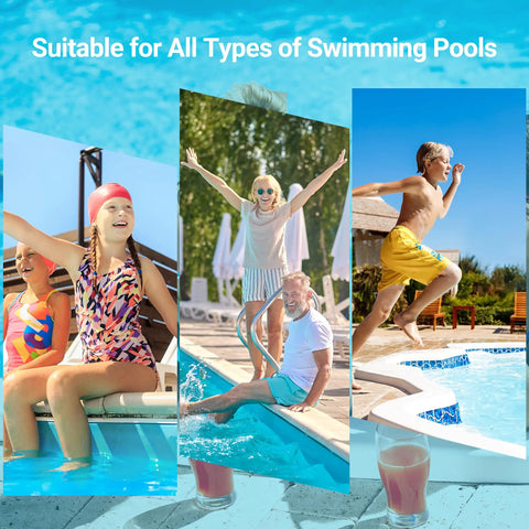 Children and adults enjoying swimming pool fun under clear skies, suitable for all types of pools, highlighting family leisure.