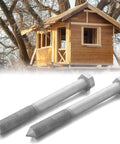 Heavy Duty Treehouse Lag Bolts Set 2 Pack Hot Dip Galvanized Hex Head Screws For Treehouse Brackets Decking And Wood Framing 1.25 By 12 Inch Ideal For Outdoor Treehouse Builds And Rugged Deck Framing Weather Resistant Fastening. shown with treehouse build and two galvanized lag bolts