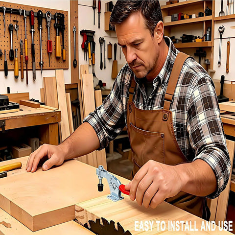 Man using Six Pack Heavy Duty Horizontal Toggle Clamps With Quick Release Swivel And Cushioned Rubber Pads on wood project.