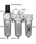 Three Quarter Inch NPT Industrial Pro Grade Three Stage Air Drying System with filters, metal gauge, and manual drains visible.