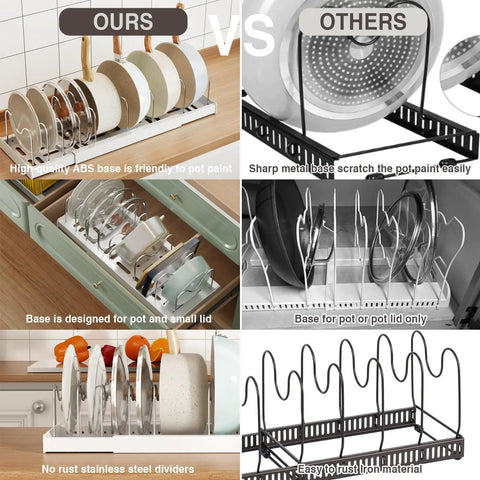 Comparison of our 2 Pack Expandable Pots And Pans Lid Organizer Rack For Under Cabinet Storage With 9 Adjustable Dividers, White and other brands.