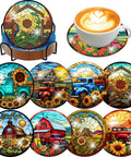 Fall Diamond Art Coaster Kit For Adults Eight Piece Set With Holder Cork Bases And Diamond Pens DIY Diamond Painting Coasters Featuring Sunflower Floral Truck Designs 4x4 Inches Beginner Friendly Super Easy Starter Set visible with various fall-themed patterns and sunflowers.