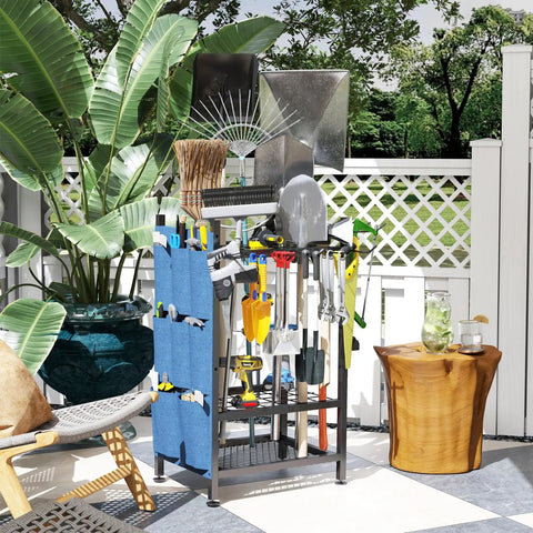 Beefed Up Garden Tool Organizer Rack For Garage And Shed, Metal Yard Tools Storage For Up To 46 Tools Including Shovels, Rakes And Brooms