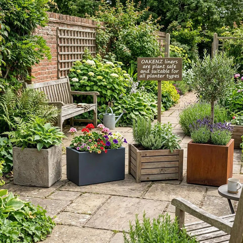 Garden with square planter boxes, featuring flowers and herbs, showcasing Square Planter Box Liner Bag For Wood Planter Boxes Waterproof Plastic Insert Built To Last Heavy Duty UV Resistant Garden Liner 16 Inch Seamless Corner Fit.