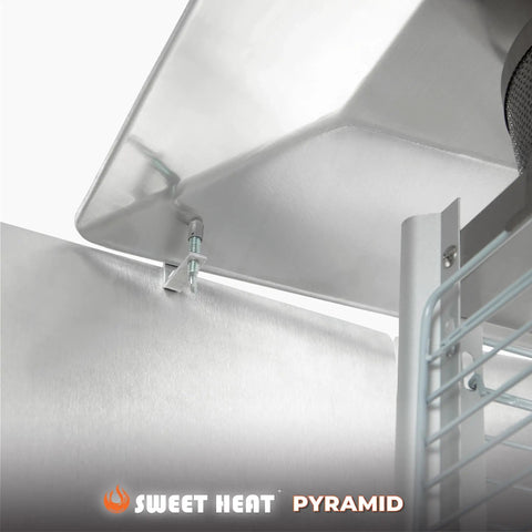 Close-up of Heat Boost Patio Heater Reflector Shield for outdoor use, showing aluminum silver finish and directional design.