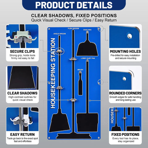 5S Shadow Board For Cleaning Tools, Aluminum Broom Station Organizer, Industrial Tool Rack Board, 63.5 By 26.5 Inches, Space Saving Janitorial And Housekeeping Supply For Factory Floor And Warehouse, blue board with fixed tool positions