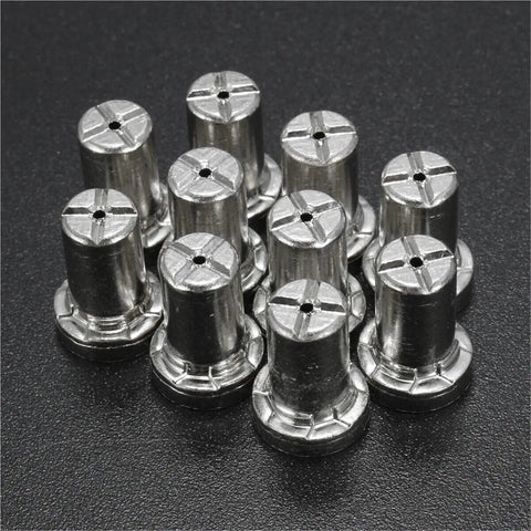 Get A Killer Plasma Cutter Set With Top Tier Electrodes Tips Shield Cups Plus Gas Rings For PT-31 JG-40 Machines To Keep Your 40A Cuts Slicke featuring metallic shield cups arranged neatly.