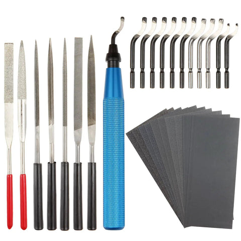 29 Piece Deburring Tool Set With 11 HSS Blades, 7 Needle Files, 10 Sandpapers, A Metal Handle For Metal, Wood, 3D Prints And PVC Deburring And Reaming, A True Workhorse With Dust Proof Storage Case For Easy Organization