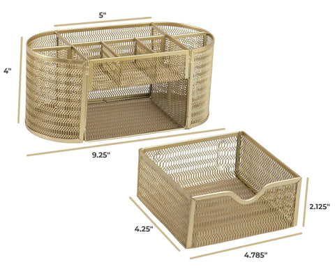 Gold Desk Organizer Set With Drawer Metal Mesh Office Organizer For Women with eight compartments and dimensions shown