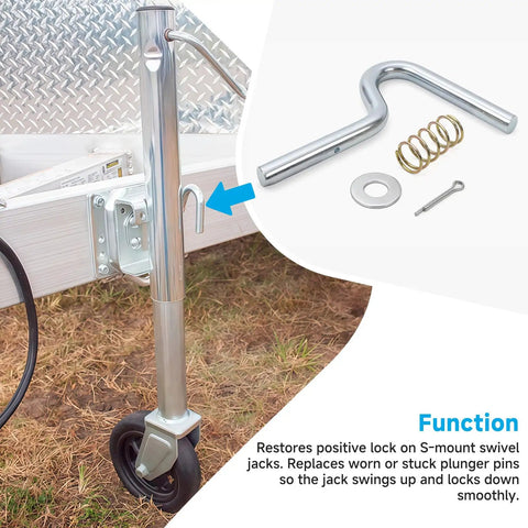 Heavy Duty Swivel Handle Plunger Pin Kit For S Mount Trailer Jacks, zinc plated steel assembly with components shown.