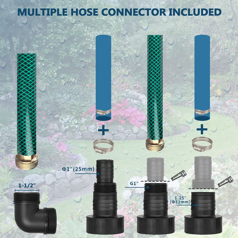 Multiple hose connectors for Tough As Nails 1.5HP Submersible Sump Pump 115V Stainless Steel For Clean And Dirty Water, 4250 GPH