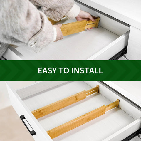 Premium Expandable Bamboo Drawer Dividers Six Pack shown being installed in a drawer, designed for efficient organization.