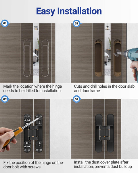 Installation steps for Hidden Door Hinges 6x2.5x1 Inch Zinc Alloy Concealed Hinge Set on a wooden door frame.