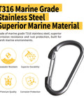 Front view of two 5/16 in marine-grade 316 stainless steel carabiner snap hooks for boat lines.