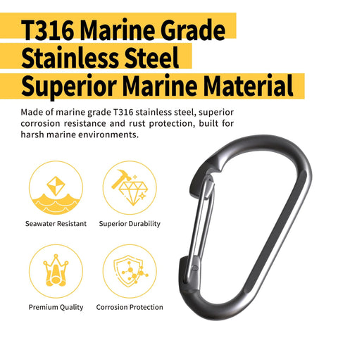 Front view of two 5/16 in marine-grade 316 stainless steel carabiner snap hooks for boat lines.