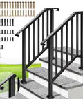 2 Pack Galvanized Steel Hand Rails For Outdoor Steps With 27.1 Inch Curved Ends And Safety Balusters Exterior Railing Kit