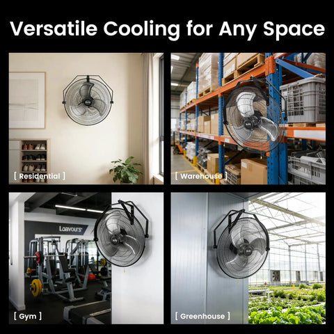 18 Inch High Velocity Oscillating Wall Mount Fan With 360 Degree Tilt And Three Speed Settings Heavy Duty Metal Industrial Fan for versatile cooling in residential and commercial spaces.