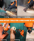 HARDELL rotary tool kit, orange corded tool with attachments; shows cutting, sanding, engraving, polishing.