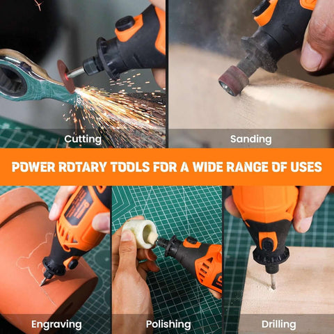 HARDELL rotary tool kit, orange corded tool with attachments; shows cutting, sanding, engraving, polishing.