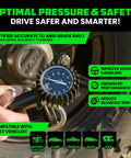 Three In One Tire Inflator And Gauge With Heavy Duty Air Chuck Braided Stainless Hose Large Analog Dial Solid Brass Fittings For Truck And RV 0 To 100 Psi No Battery Needed Inflate Check And Bleed In One Tool being used to check tire pressure