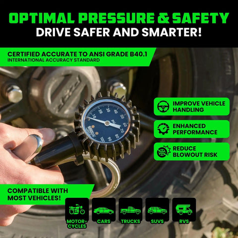 Three In One Tire Inflator And Gauge With Heavy Duty Air Chuck Braided Stainless Hose Large Analog Dial Solid Brass Fittings For Truck And RV 0 To 100 Psi No Battery Needed Inflate Check And Bleed In One Tool being used to check tire pressure