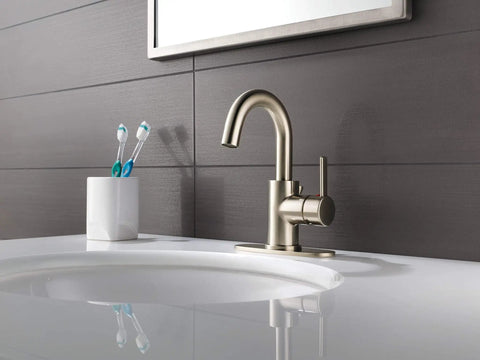 Precept Single Hole Bathroom Faucet in Brushed Nickel Finish With No Fuss Easy Install Single Handle Design Includes Pop Up Drain Assembly